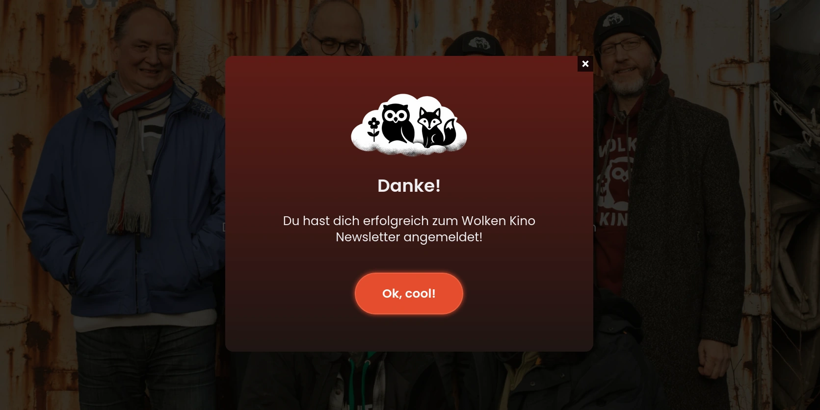 Bestätigung der Newsletter-Anmeldung auf der Band-Website von Wolken Kino