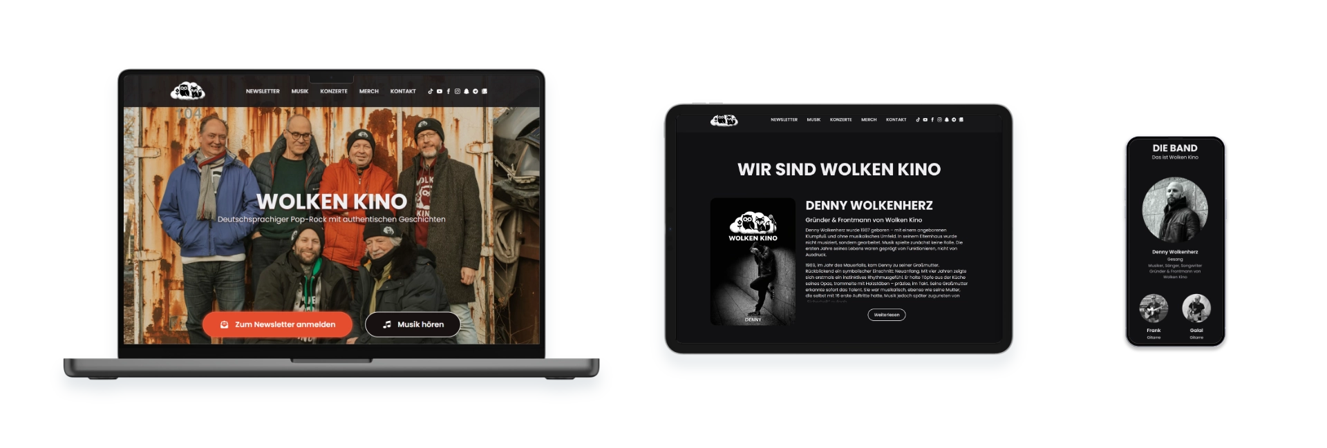 Die neue Band-Webseite von Wolken Kino ist für Mobilgeräte optimiert und zeigt die Newsletter-Anmeldung und den Musik-Player prominent an.