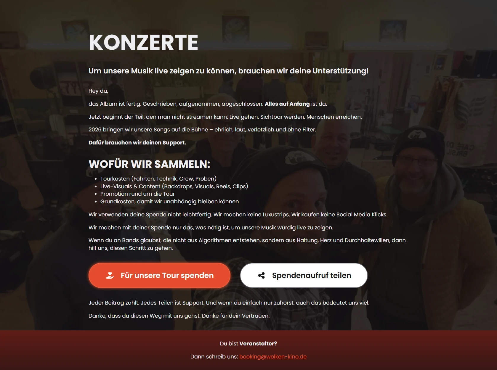 Spendenaufruf für Konzerte auf der Band-Webseite für Wolken Kino