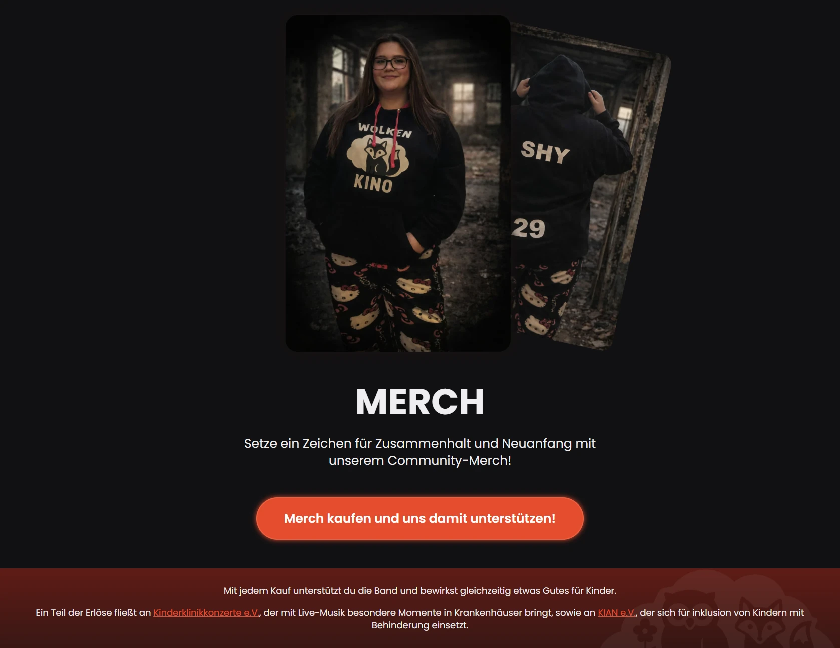 Merch-Sektion auf der Band-Website von Wolken Kino mit direktem Verweis auf den Shopify-Shop.