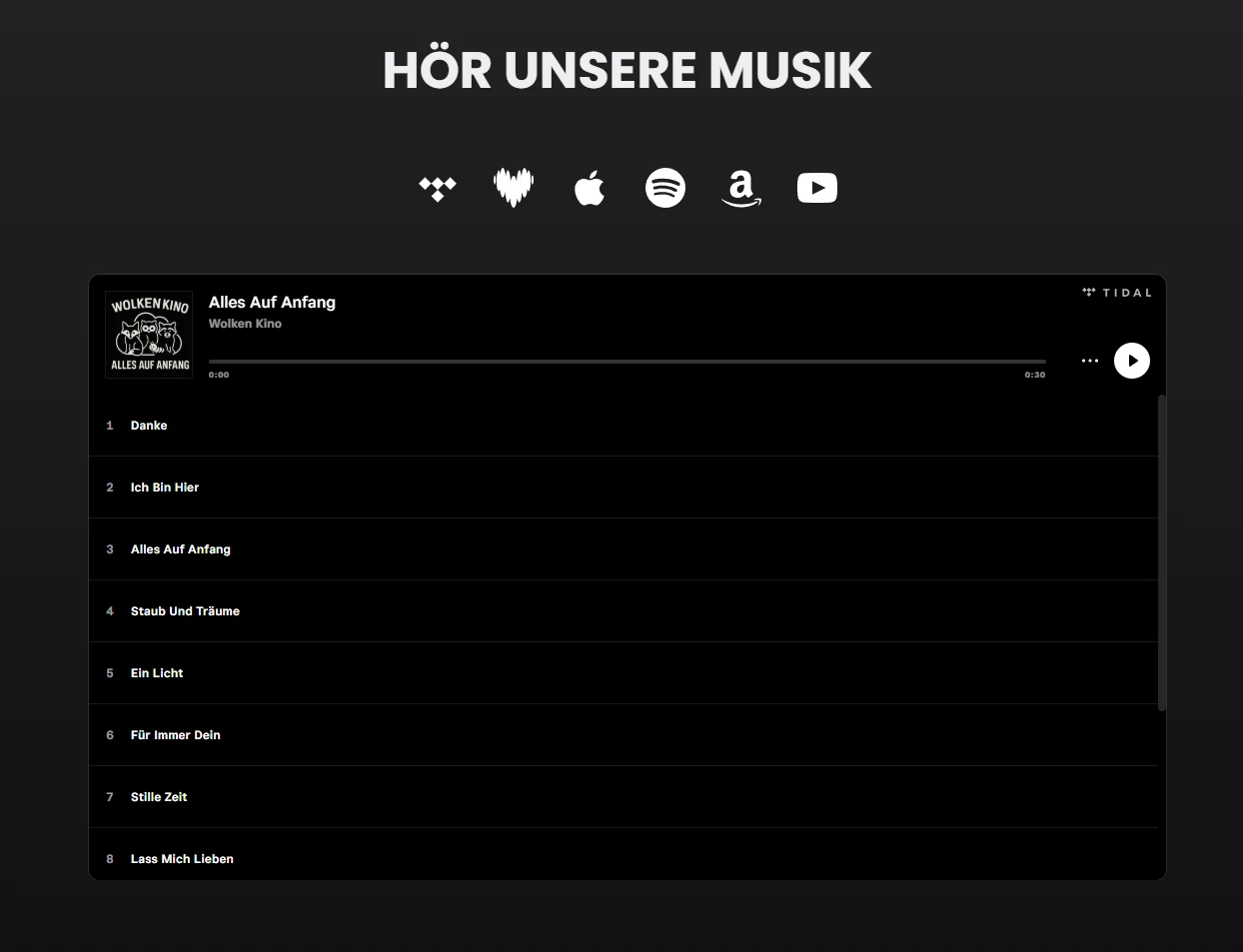 Musikplayer mit Tidal-Integration auf der Band-Website für Wolken Kino. Weitere Links führen direkt zu Spotify, Deezer, Youtube Music