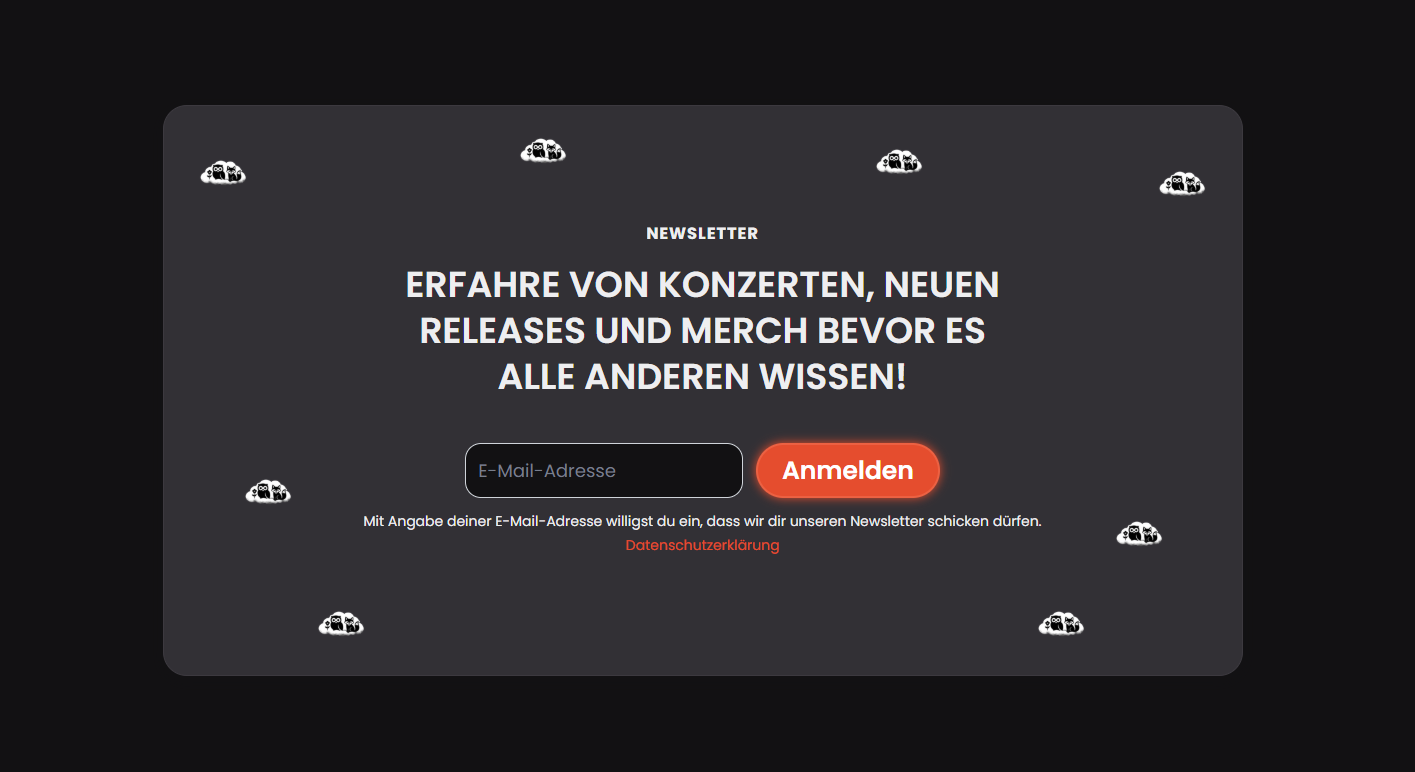 Newsletter-Anmeldeformular mit Brevo-Integration auf der Band-Website der Band Wolken Kino