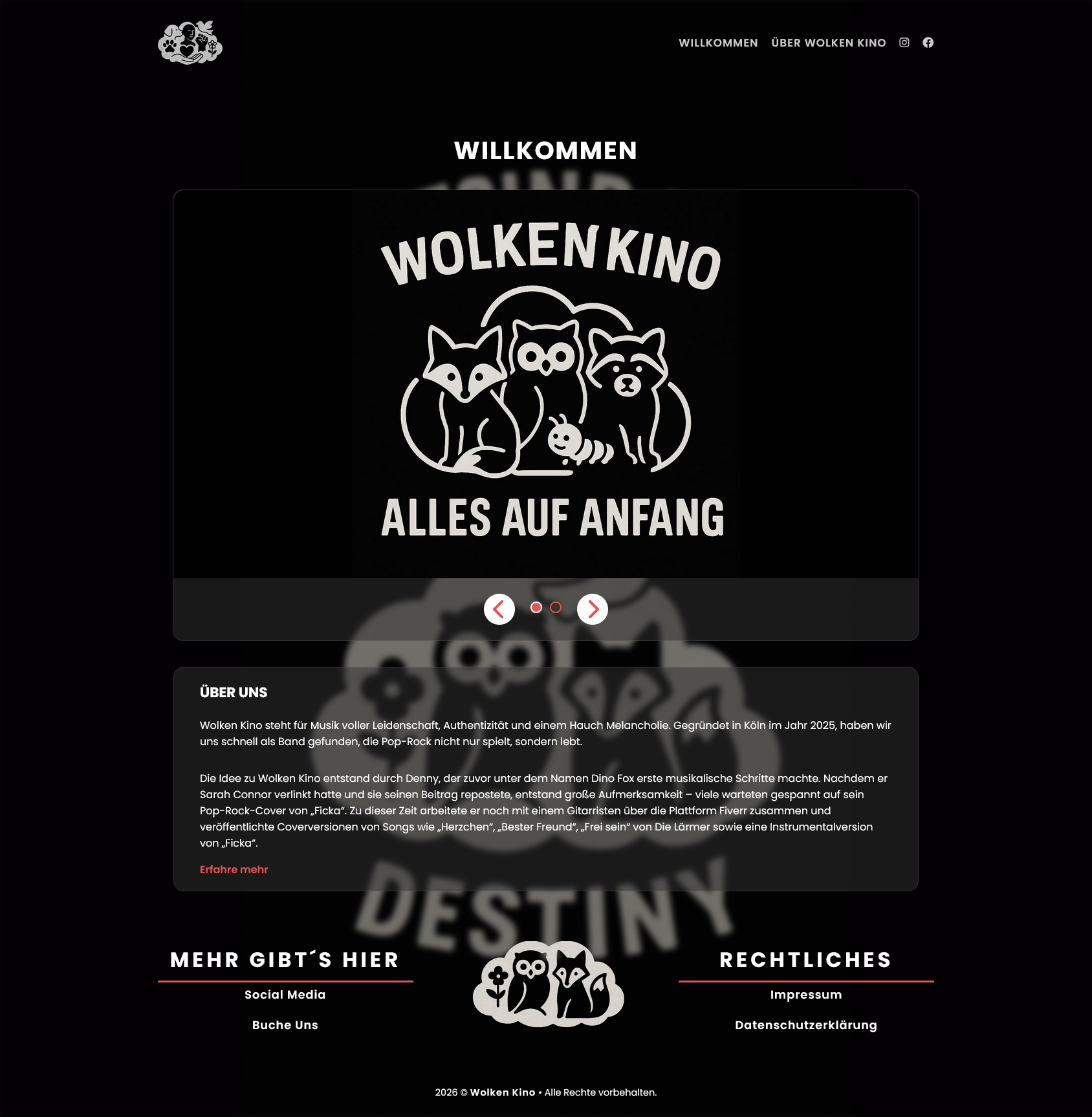 Alte statische Webseite der Band Wolken Kino. Einfaches Pflegen der Inhalte erforderte Programmierkenntnisse.